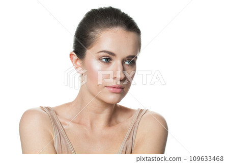 Isolated lady brunette portrait. Wellness model woman with healthy skin posing Isolated lady brunette portrait. Wellness model woman with healthy skin posing 109633468