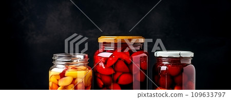 Preserved fruits and vegetables in glass jars on a dark background. Preserved fruits and vegetables in glass jars on a dark background. 109633797