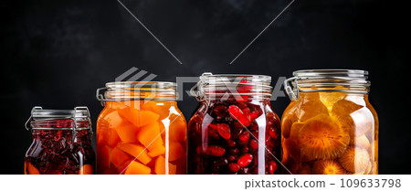 Jars with different kinds of jam on a dark background. Healthy and wholesome food concept. Jars with different kinds of jam on a dark background. Healthy and wholesome food concept. 109633798