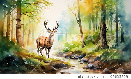 Cute deer in the forest near a stream. Colorful background of pristine nature. 109633809