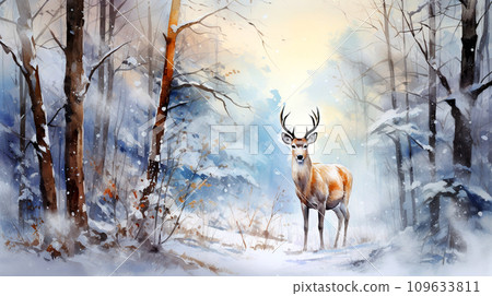 Majestic reindeer in winter forest. Fantastic winter landscape with a deer in the forest. 109633811