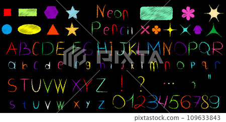 Set of neon letters, numbers and symbols written in pencil. Colored tube, colored outline in modern abc style, lines of the Latin alphabet. Fonts for events, promotions, logos, banners, and monograms. 109633843