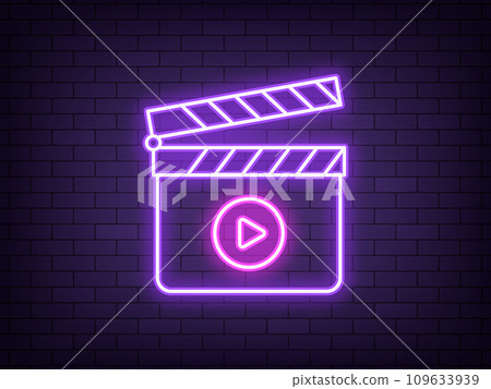 Outline neon clapperboard, violet pink icon. Glowing neon clapper board with play sign. Video production, cinema editor, movie shooting, music clip recording. Filmmaking studio, multimedia editor 109633939