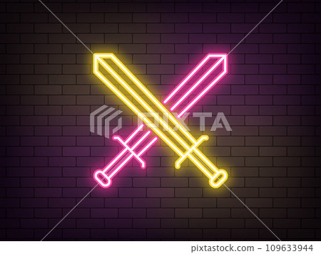Outline neon sword battle, yellow pink icon. Glowing neon crossed swords sign, gaming battle arena. Royal sword fight, gladiator battle, game medieval civilization with warrior clash. Vector icon 109633944