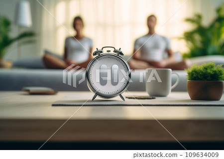 AI-generated content. Alarm clock on the table with plant. Morning time, self care and welness concept.  109634009
