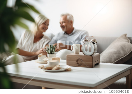 AI-generated content. Alarm clock on the table with plant. Morning time, self care and welness concept. Senior couple in the background laughing 109634018