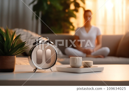 AI-generated content. Alarm clock on the table with plant. Morning time, self care and welness concept.  109634025