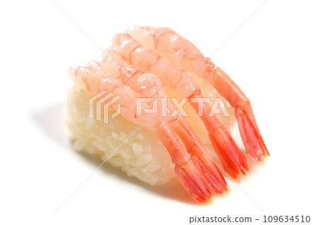 2 pieces of sweet shrimp nigiri sushi on white background 2 pieces of sweet shrimp nigiri sushi on white background 109634510
