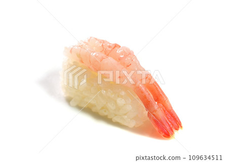 1 piece of sweet shrimp nigiri sushi on white background 1 piece of sweet shrimp nigiri sushi on white background 109634511