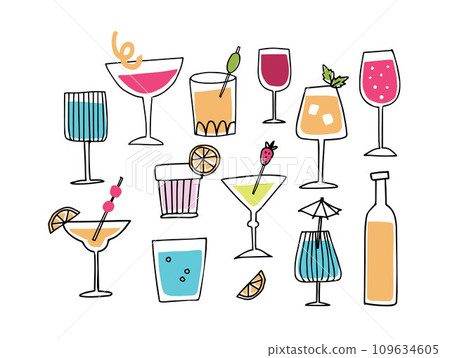 Collection of hand drawn doodle alcoholic drinks, cocktails with orange peel slices, umbrella and cherries. Happy New Year celebration, birthday party concept. Isolated vector icons, line illustration Collection of hand drawn doodle alcoholic drinks, cocktails with orange peel slices, umbrella and cherries. Happy New Year celebration, birthday party concept. Isolated vector icons, line illustration 109634605