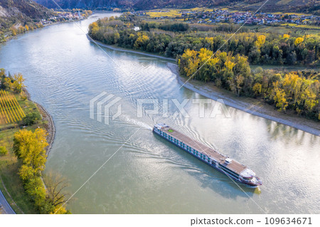 Panorama of Wachau valley (UNESCO) with ship on Danube river near the Durnstein village in Lower Austria, Austria Panorama of Wachau valley (UNESCO) with ship on Danube river near the Durnstein village in Lower Austria, Austria 109634671