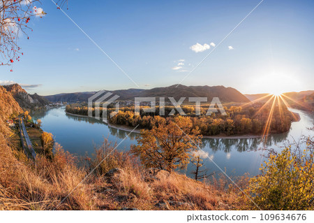 Panorama of Wachau valley (UNESCO) during autumn with Danube river near the Durnstein village in Lower Austria, Austria Panorama of Wachau valley (UNESCO) during autumn with Danube river near the Durnstein village in Lower Austria, Austria 109634676