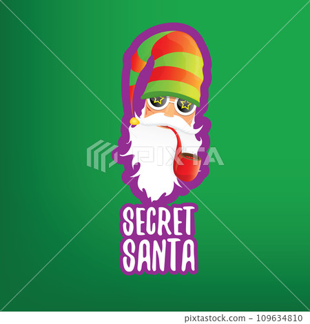 vector secret santa claus with sunglasses label or sticker isolated on green background. Secret santa gift ideas concept illustration vector secret santa claus with sunglasses label or sticker isolated on green background. Secret santa gift ideas concept illustration 109634810
