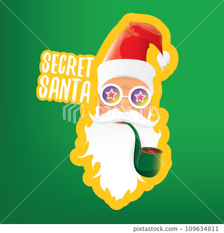 vector secret santa claus with sunglasses label or sticker isolated on green background. Secret santa gift ideas concept illustration vector secret santa claus with sunglasses label or sticker isolated on green background. Secret santa gift ideas concept illustration 109634811