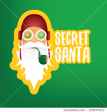 vector secret santa claus with sunglasses label or sticker isolated on green background. Secret santa gift ideas concept illustration vector secret santa claus with sunglasses label or sticker isolated on green background. Secret santa gift ideas concept illustration 109634812