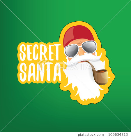 vector secret santa claus with sunglasses label or sticker isolated on green background. Secret santa gift ideas concept illustration vector secret santa claus with sunglasses label or sticker isolated on green background. Secret santa gift ideas concept illustration 109634813