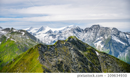 Majestic alpine panorama with glacier mountain of Grossvenediger. The main peak of the Venediger Group in Hohe Tauern mountain range. Austrian Alps, Austria. 109634930