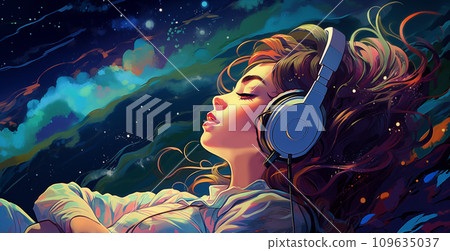 手绘卡通唯美的星空下戴着耳机听音乐的女孩插画 109635037