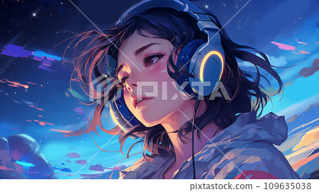 手绘卡通唯美的星空下戴着耳机听音乐的女孩插画 手绘卡通唯美的星空下戴着耳机听音乐的女孩插画 109635038