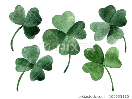 watercolor drawing, set of green four-leaf clover leaves. decoration for st. patrick's day. 109635110
