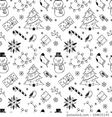 Seamless vector Christmas pattern with gifts, toys, snowmen, socks and Christmas trees drawn in doodle style. 109635145