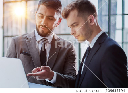 two professional businessmen discussing and using desktop computer in office 109635194