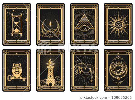 Tarot cards batch reverse side, magic frame with esoteric and mystic symbols, sun and lighthouse 109635205