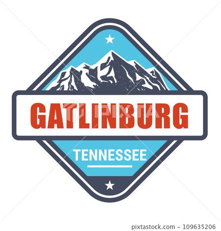Gatlinburg, Tennessee ski resort stamp, emblem with snow covered mountains, Great Smoky Mountains 109635206