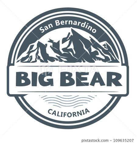 Big Bear City label, California emblem, San Bernardino resort stamp with snow covered mountains 109635207