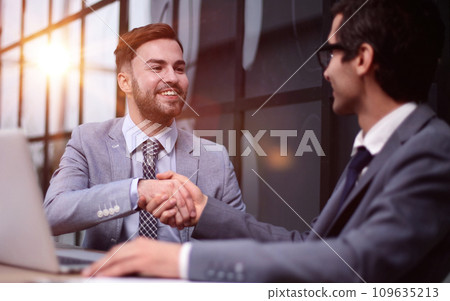 Meeting, handshake and cooperation in the office for a deal or agreement. 109635213