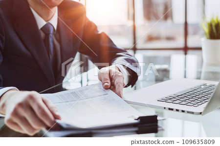 Close-up Of A Businessman Analyzing Financial Report 109635809