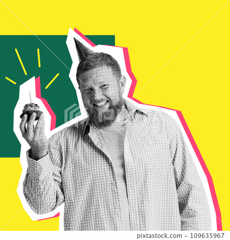 Happy smiling man holding cupcake, celebrating birthday over colorful background. Contemporary art collage. 109635967