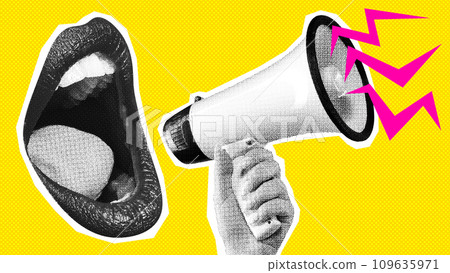 Female mouth shouting in megaphone over bright yellow background. News, propaganda, mass media. Contemporary art collage. 109635971