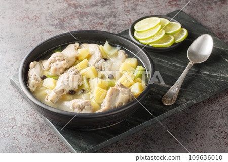 Chicken souse is a broth consisting of chicken, vinegar, potatoes, vegetables closeup on the plate. Horizontal Chicken souse is a broth consisting of chicken, vinegar, potatoes, vegetables closeup on the plate. Horizontal 109636010