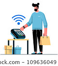 Paying in contactless and wireless way, isolated terminal with hand wearing smart watch with nfc. 109636049