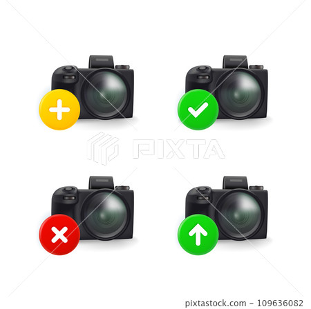 Camera icons set with different pictograms. 3d vector icons set isolated on white background 109636082