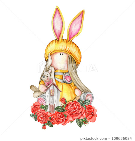 Composition of doll Tilda in dress and dahlia flowers. Hand drawn watercolor illustration. Design for baby shower party, birthday, cake, holiday celebration design, greetings card, invitation, sticker 109636084