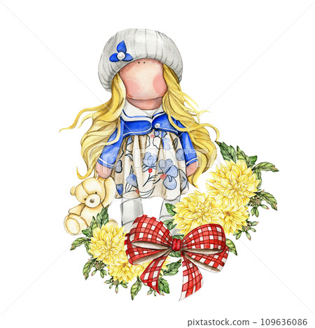Composition of doll Tilda in dress and dahlia flowers. Hand drawn watercolor illustration. Design for baby shower party, birthday, cake, holiday celebration design, greetings card, invitation, sticker Composition of doll Tilda in dress and dahlia flowers. Hand drawn watercolor illustration. Design for baby shower party, birthday, cake, holiday celebration design, greetings card, invitation, sticker 109636086