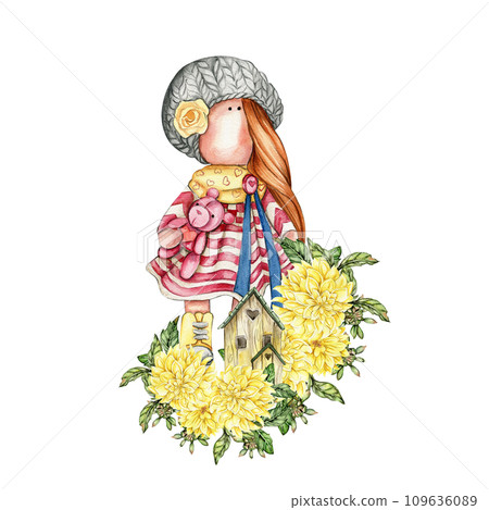 Composition of doll Tilda in dress and dahlia flowers. Hand drawn watercolor illustration. Design for baby shower party, birthday, cake, holiday celebration design, greetings card, invitation, sticker Composition of doll Tilda in dress and dahlia flowers. Hand drawn watercolor illustration. Design for baby shower party, birthday, cake, holiday celebration design, greetings card, invitation, sticker 109636089