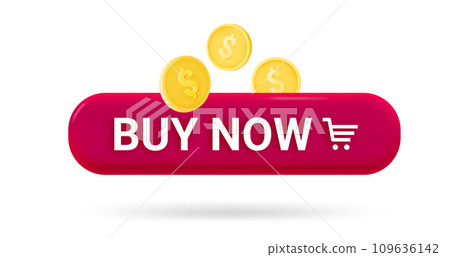 Buy now button with golden coins. Vector 3d banner with copy space Buy now button with golden coins. Vector 3d banner with copy space 109636142