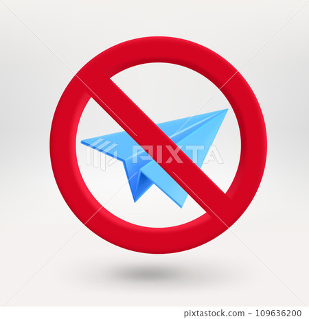 Blue paper plane in red circle with crossed line. No messages concept. 3d vector icon 109636200