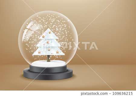 Glass snowball with snow and christmas tree. 3d vector banner with copy space 109636215