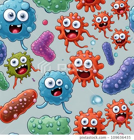 AI-generated content. Generative AI illustration of happy colorful smiling microorganisms  109636435