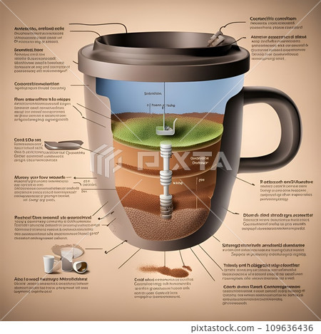 AI-generated content. Generative AI illustration of a cutout side view diagram of a anaerobic digester as a coffee mug 109636436