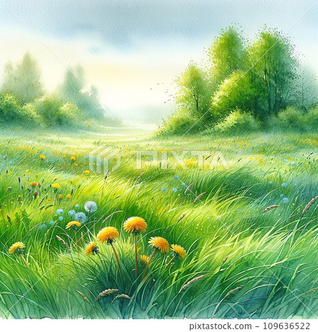 A gentle breeze blows in the spring meadow, dandelions sway in the refreshing daytime, and the weather is very nice and sunny. 109636522