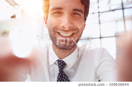 Head shot employer lead job interview with applicant laptop screen teleconference app view. Head shot employer lead job interview with applicant laptop screen teleconference app view. 109636644