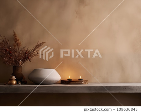 AI-generated content. Beige and brown home interior decor, winter seasonal cozy apartment decoration with burning candles and empty wall, copy space 109636843