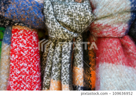 colored warm scarves in the store colored warm scarves in the store 109636952