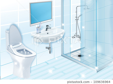 Beautiful bathroom with toilet, sink and shower 109636964