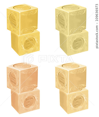 3D render. set of marseille soap bars isolated on white background. Composition of 2 units together to see the different angles of the soap. Original and beautiful design of an ideal object for labels 109636973